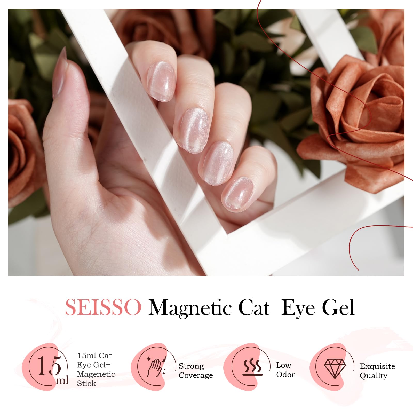 SEISSO Cat Eye Gel Nail Polish – 15ml Wine Red Magnetic UV Gel with Magnet Stick, Shimmer Soak Off Nail Kit