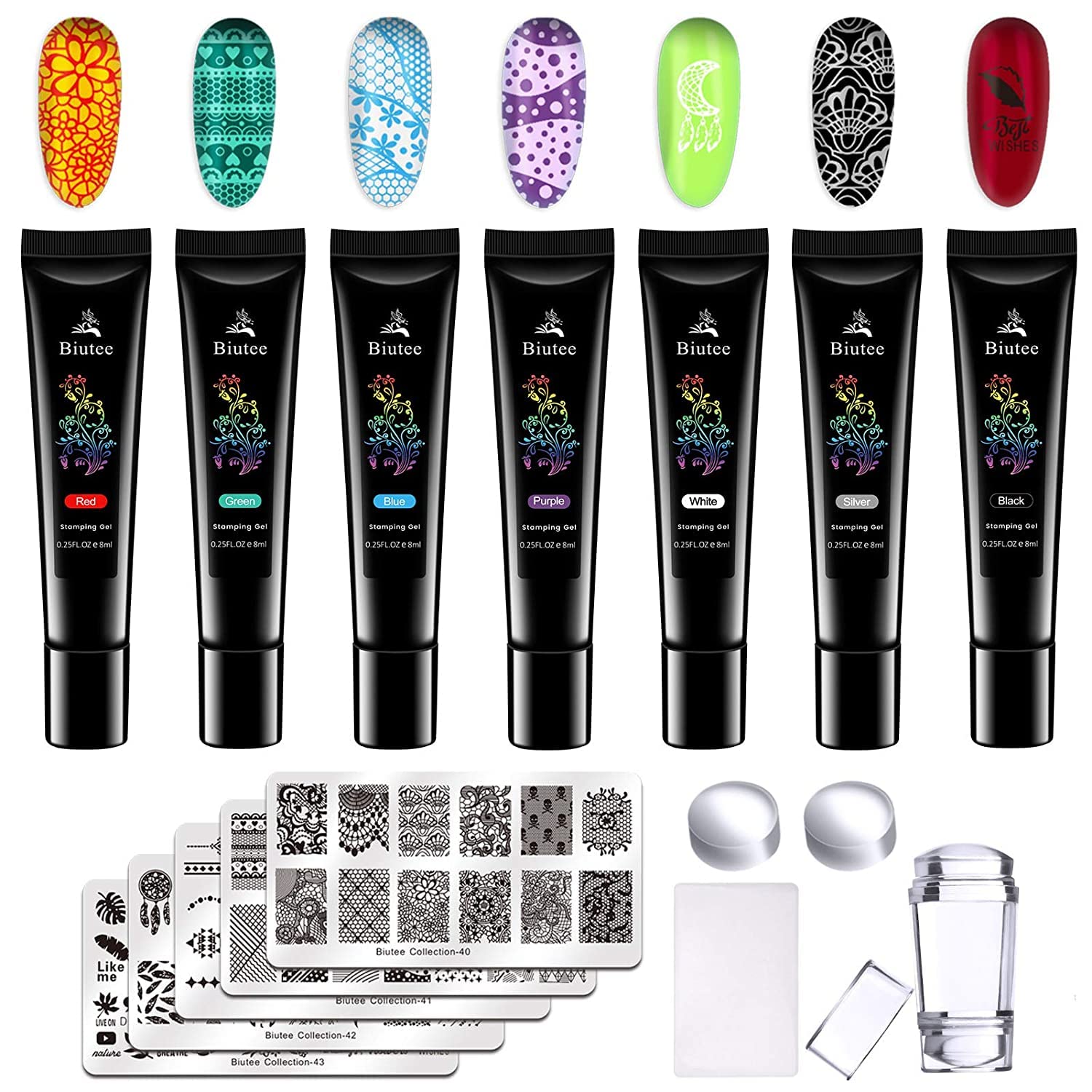 SEISSO 8 Colors Nail Stamping Polish Kit, Stamper & Templates, Peel Off Latex, Base & Top Coat, DIY Manicure Gift Set
