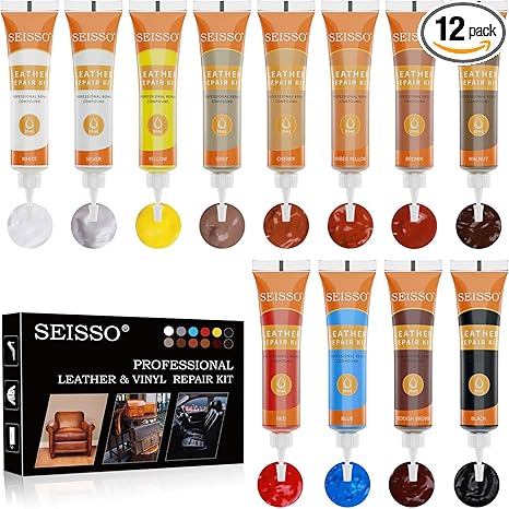 SEISSO レザーリペアキット – ソファ、車のシート、靴、バッグ用 12色 – 傷、破れ、穴を修復