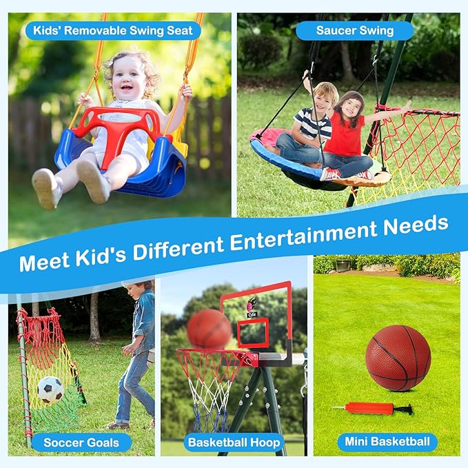 CYFIE 子供用屋外ブランコセット 金属フレーム、ソーサー&ベルトブランコ、バスケットボールフープ、サッカーゴール付き