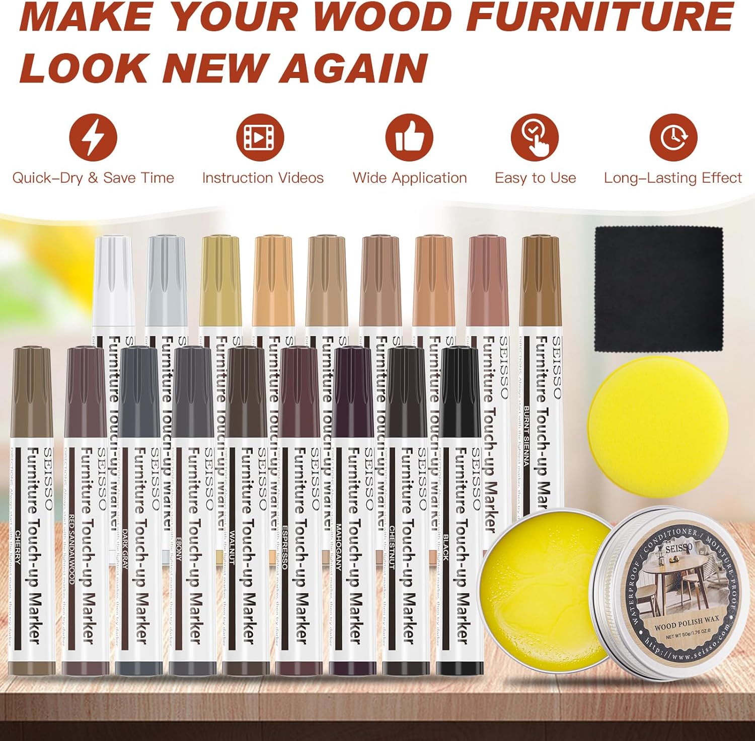 SEISSO Furniture Touch Up Markers Kit – 18 Color Wood Repair Pens Set