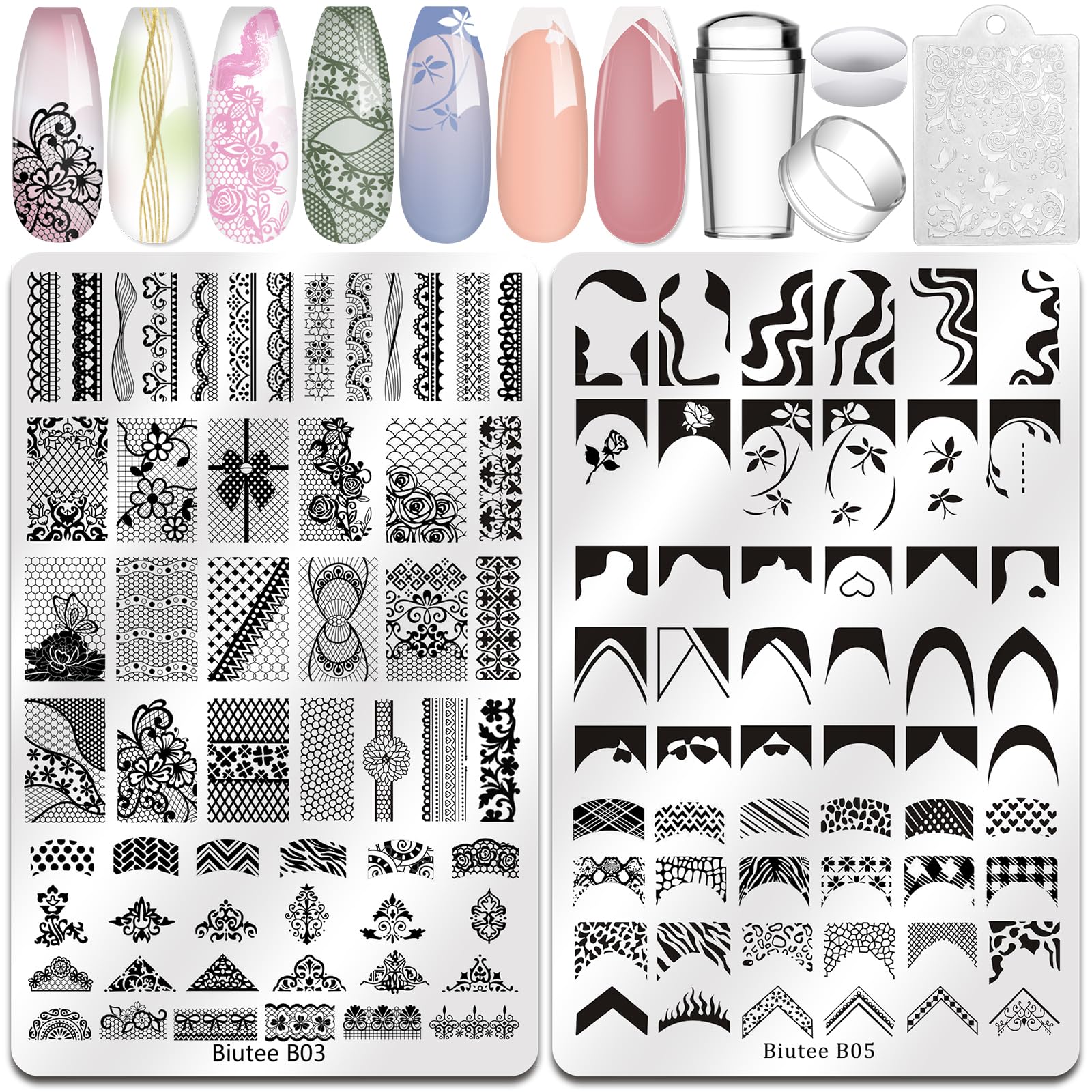 Biutee French Tip Nail Stamping Kit – 2PCS Lace Plates with Stamper & Scraper, DIY Nail Art Templates for Manicure