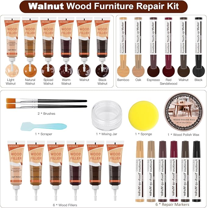 SEISSO Wood Repair Kit – 20 PCS Walnut Wood Filler & Putty Set