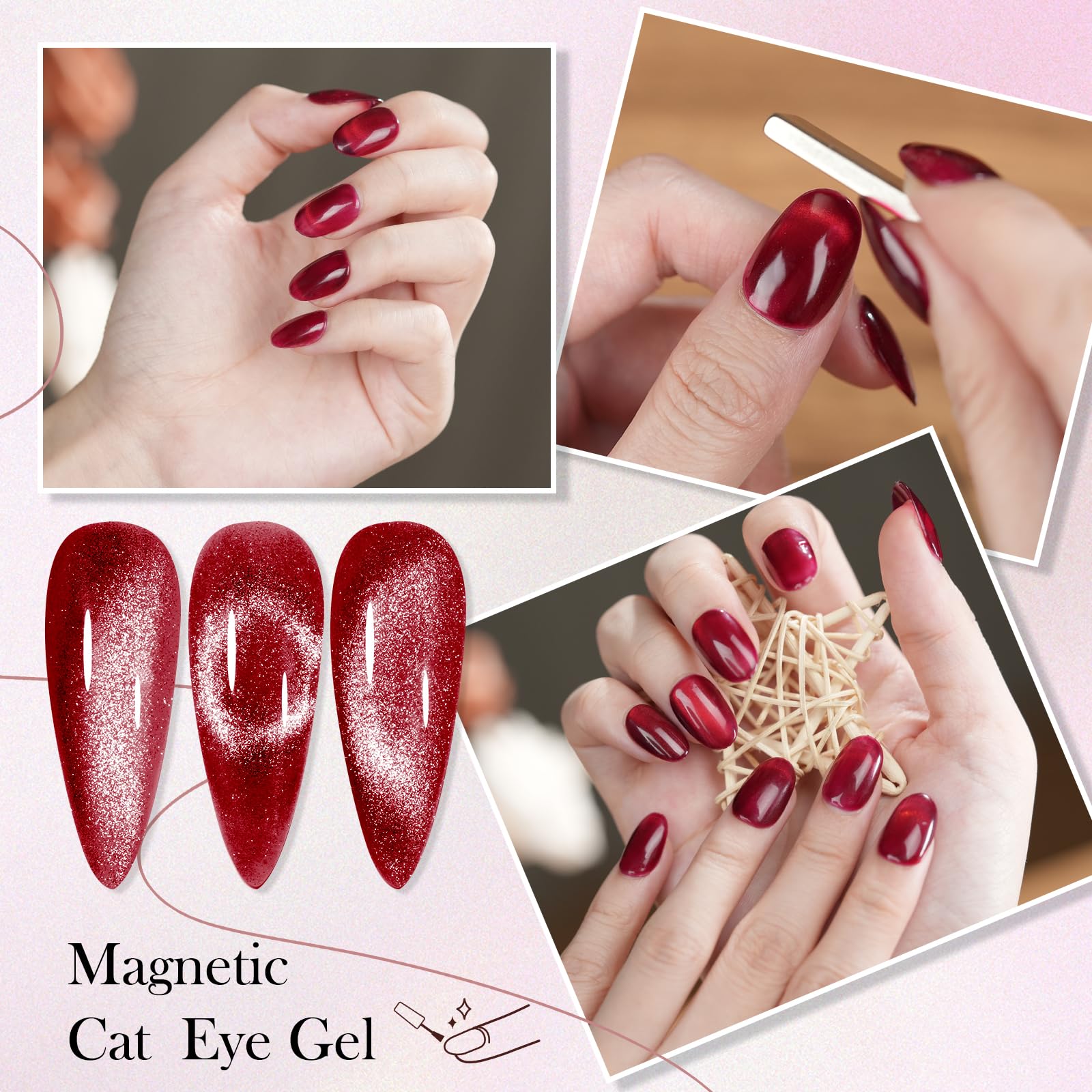 SEISSO Cat Eye Gel Nail Polish – 15ml Wine Red Magnetic UV Gel with Magnet Stick, Shimmer Soak Off Nail Kit