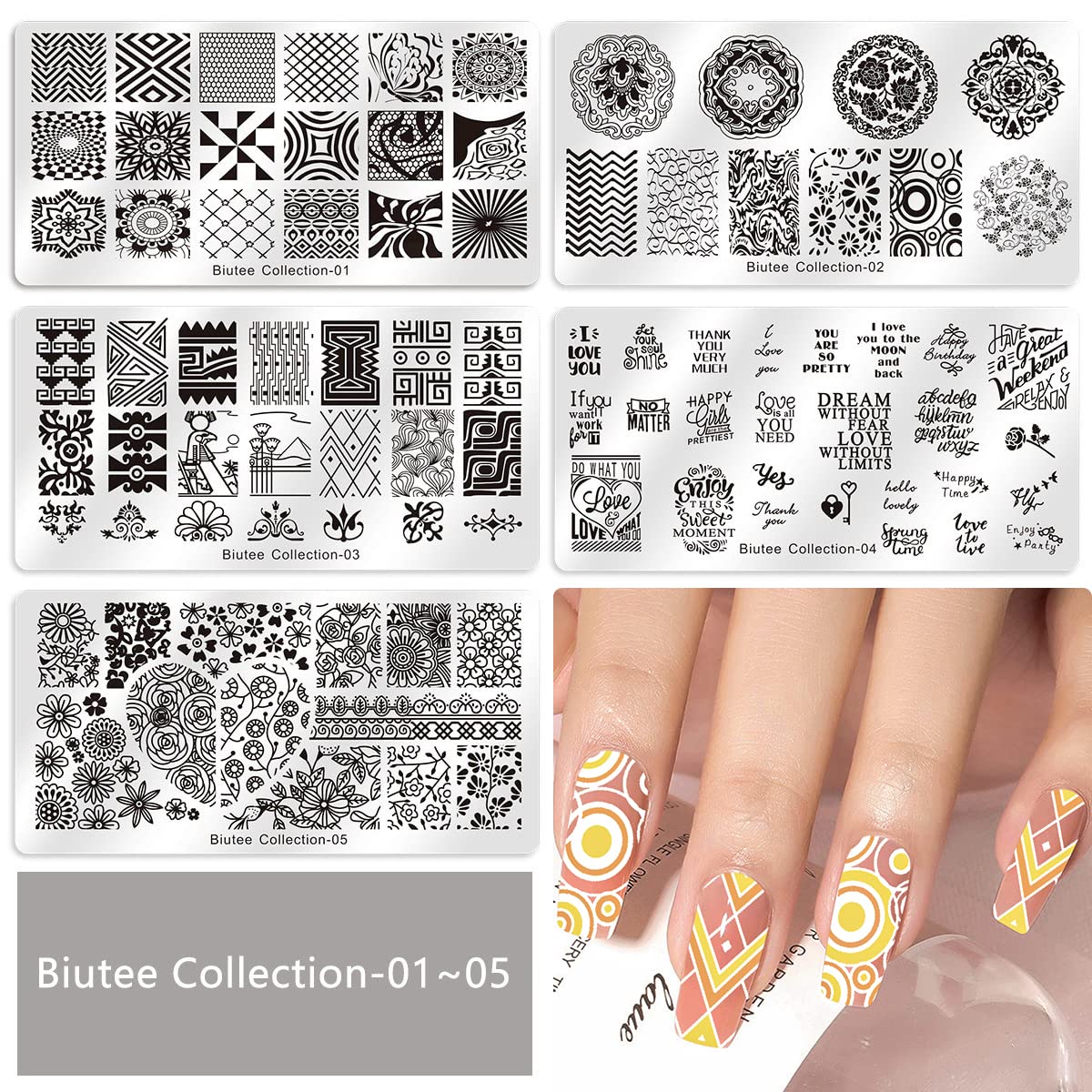 Biutee Nail Stamping Kit – 15PCS Plates, 8PCS Gel Polishes, Stamper & Scraper with Bag, Flower & Holiday Nail Art Designs