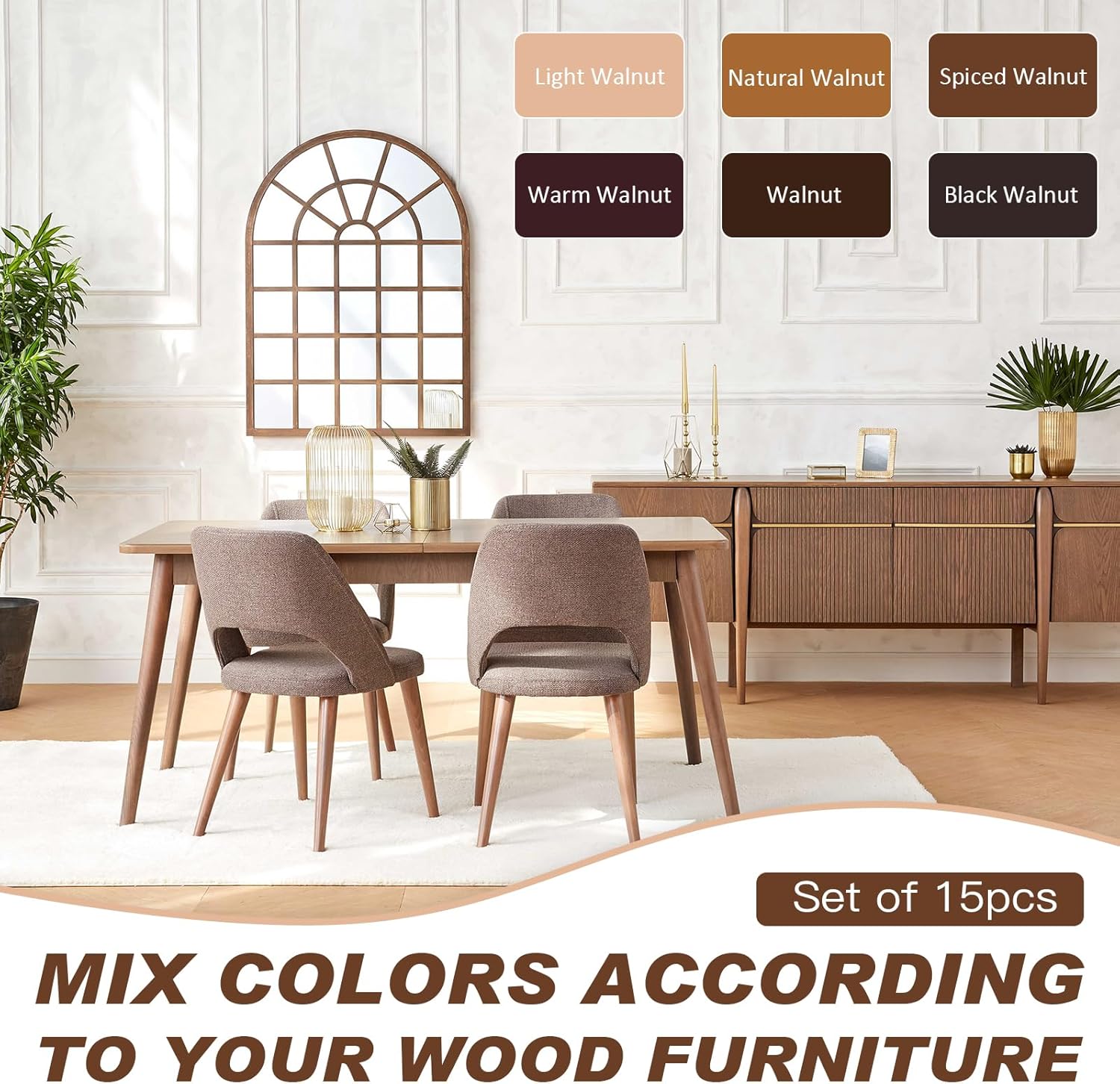 Wood Furniture Repair Kit – 6 Colors, Filler & Polish Wax for Scratches, Cracks, Stains (15Pcs, Walnut)