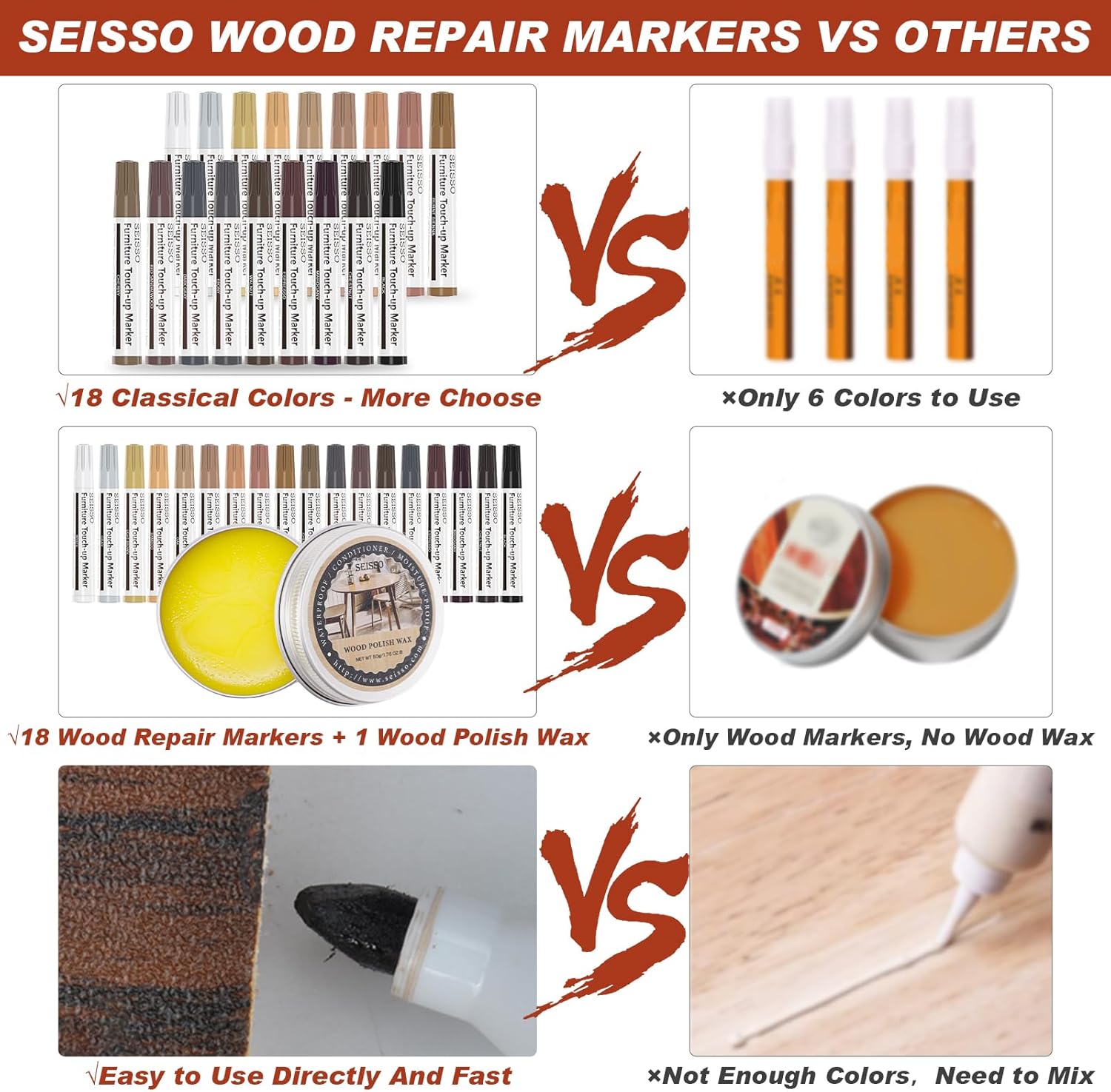 SEISSO 가구 터치업 마커 키트 – 18색 목재 수리 펜 세트