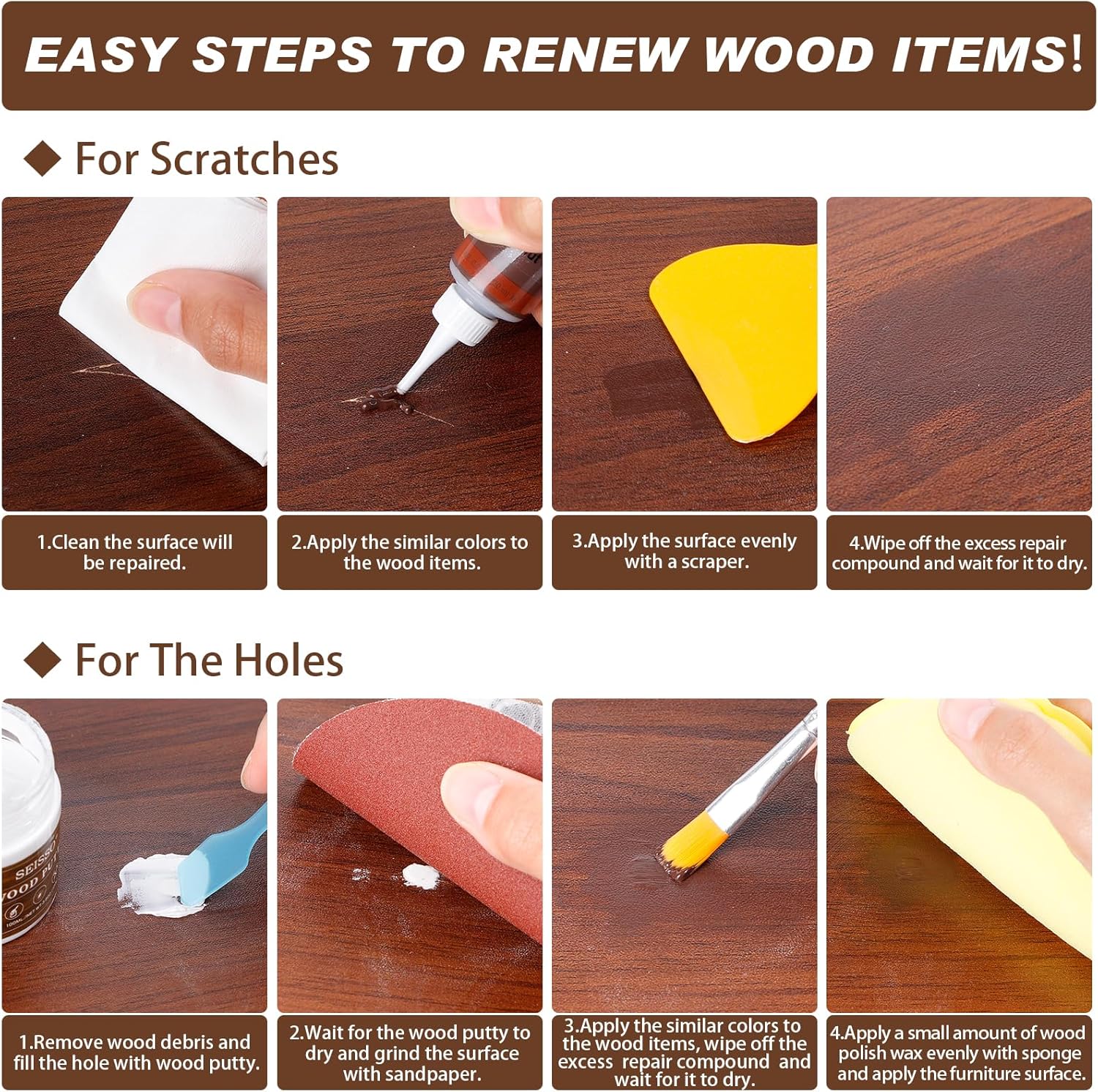 Wood Furniture Repair Kit – 6 Colors, Filler & Polish Wax for Scratches, Cracks, Stains (15Pcs, Walnut)