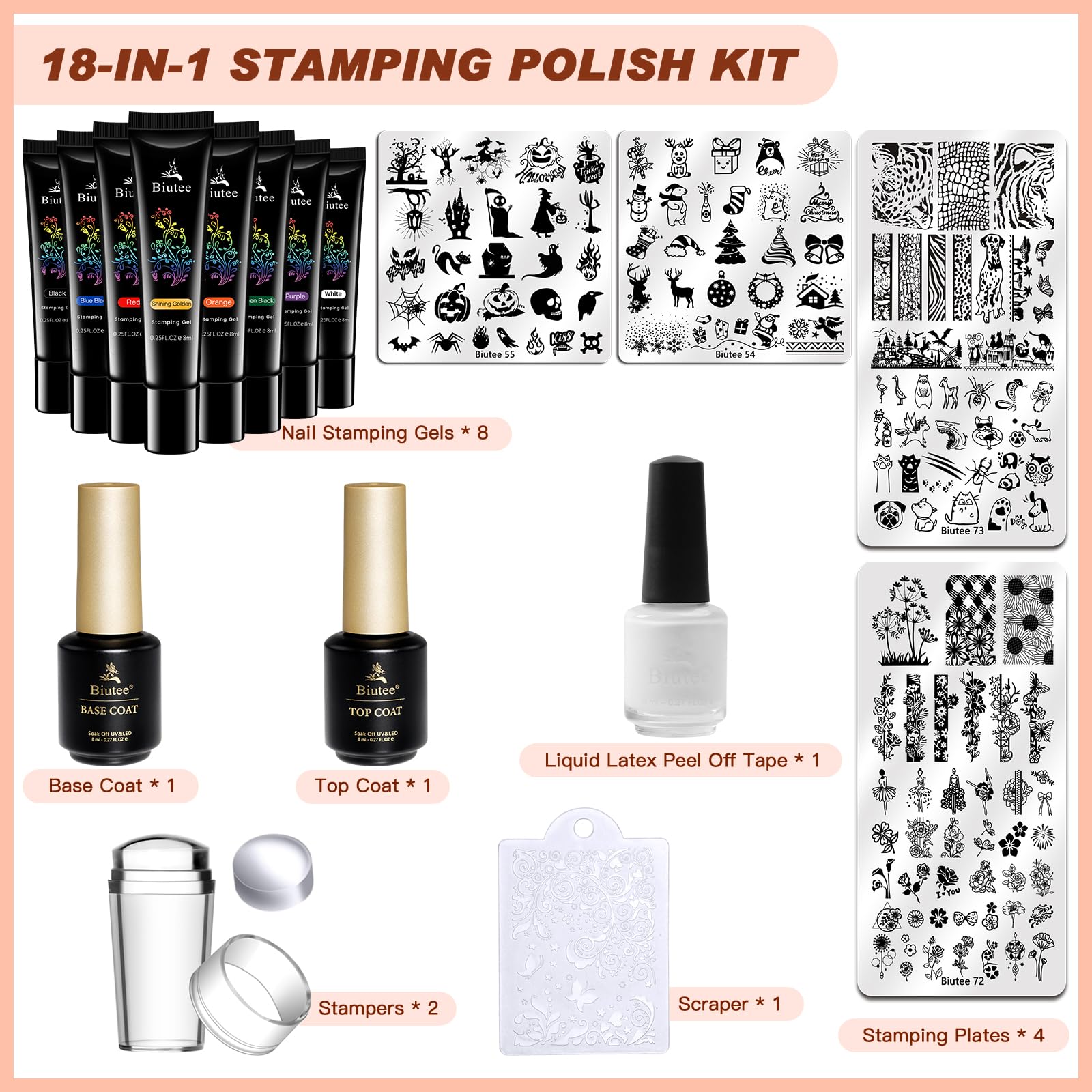 SEISSO 8 Colors Nail Stamping Polish Kit, Stamper & Templates, Peel Off Latex, Base & Top Coat, DIY Manicure Gift Set