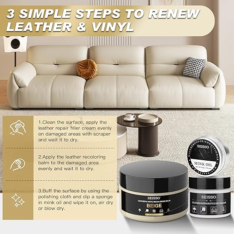 SEISSO Beige Leather Repair Kit with Mink Oil – Recoloring Balm for Furniture, Couch, Car Seat, Shoes