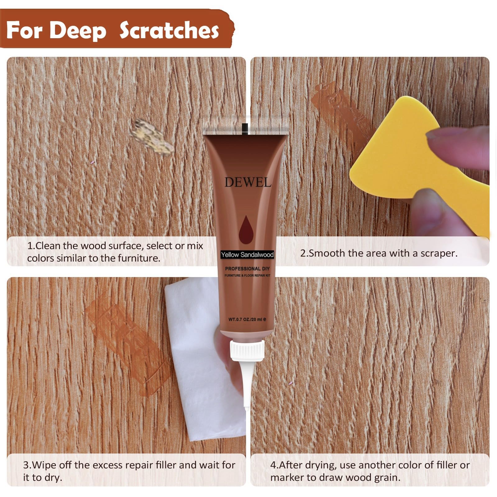 DEWEL 42PCS Wood Furniture Repair Kit – Upgrade Wood Filler, Touch Up Markers & Wax Sticks for Scratches, Cracks & Holes