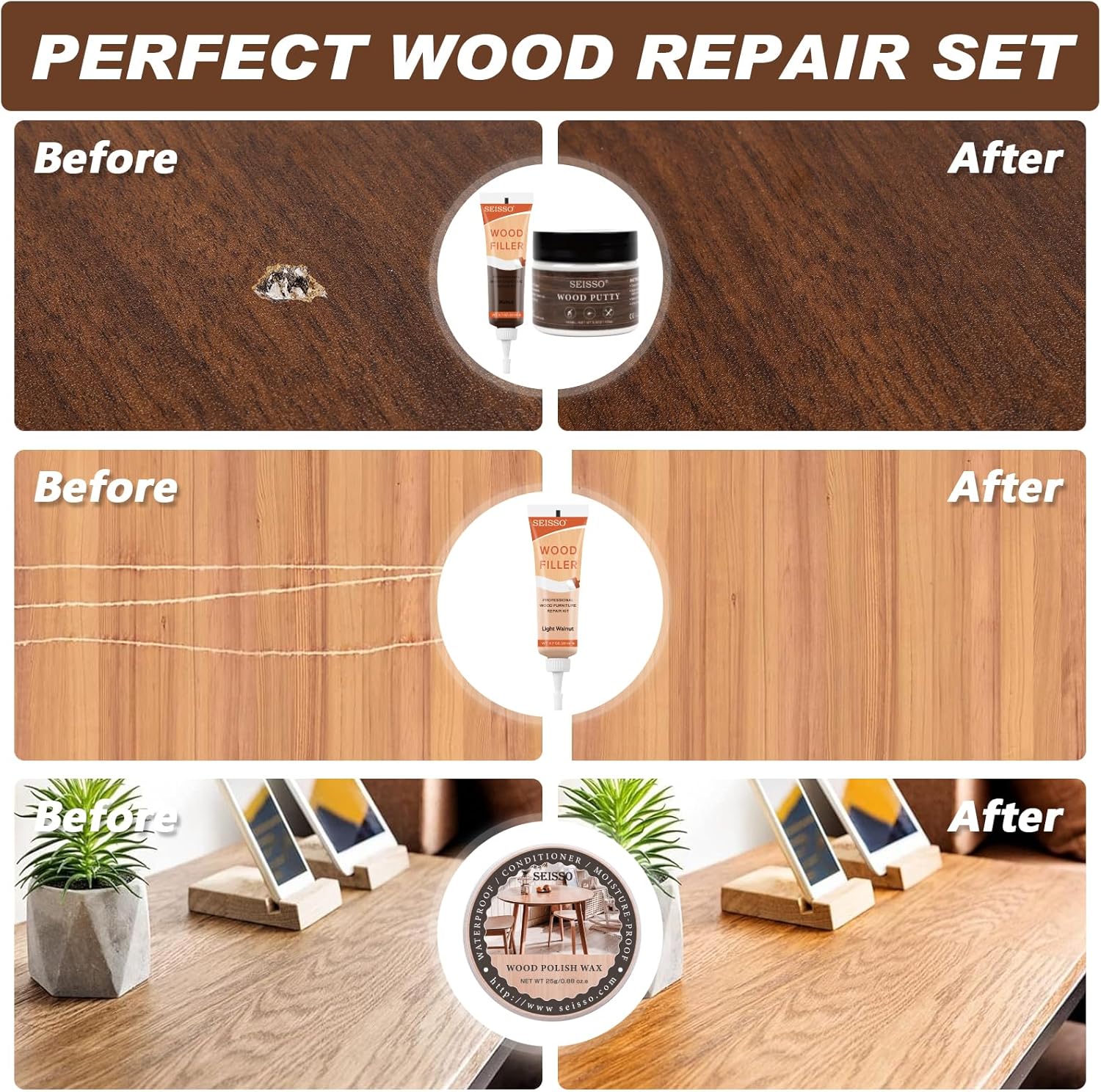 Wood Furniture Repair Kit – 6 Colors, Filler & Polish Wax for Scratches, Cracks, Stains (15Pcs, Walnut)