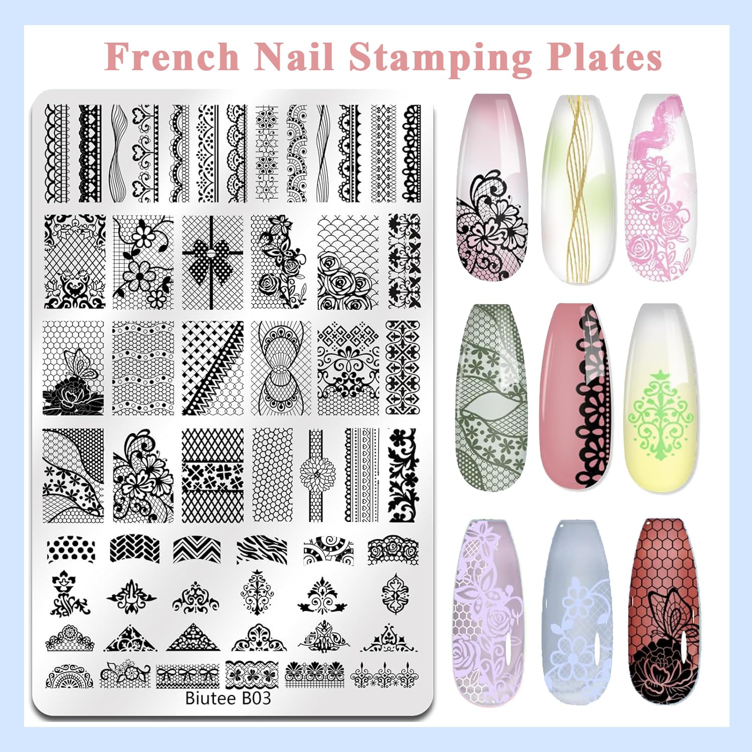 Biutee Nail Stamping Kit – 10PCS French Line Plates with Silicone Stamper for DIY Manicure & Salon Nail Art