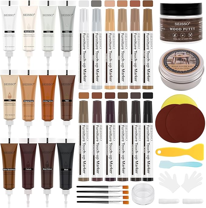 SEISSO Wood Furniture Repair Kit 39 Sets-12 Colors Wood Fillers with Fillers & Markers