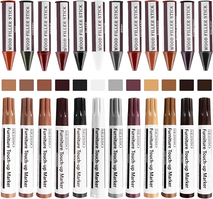 SEISSO Furniture Repair Kit 12 Colors Touch Up Markers and Wood Fillers for Scratches and Stains