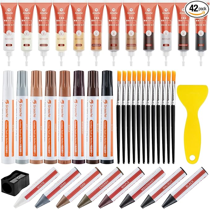 GRPOCHE 42 Pcs Wood Repair Kit – Touch Up Fillers & Markers for Furniture & Floor