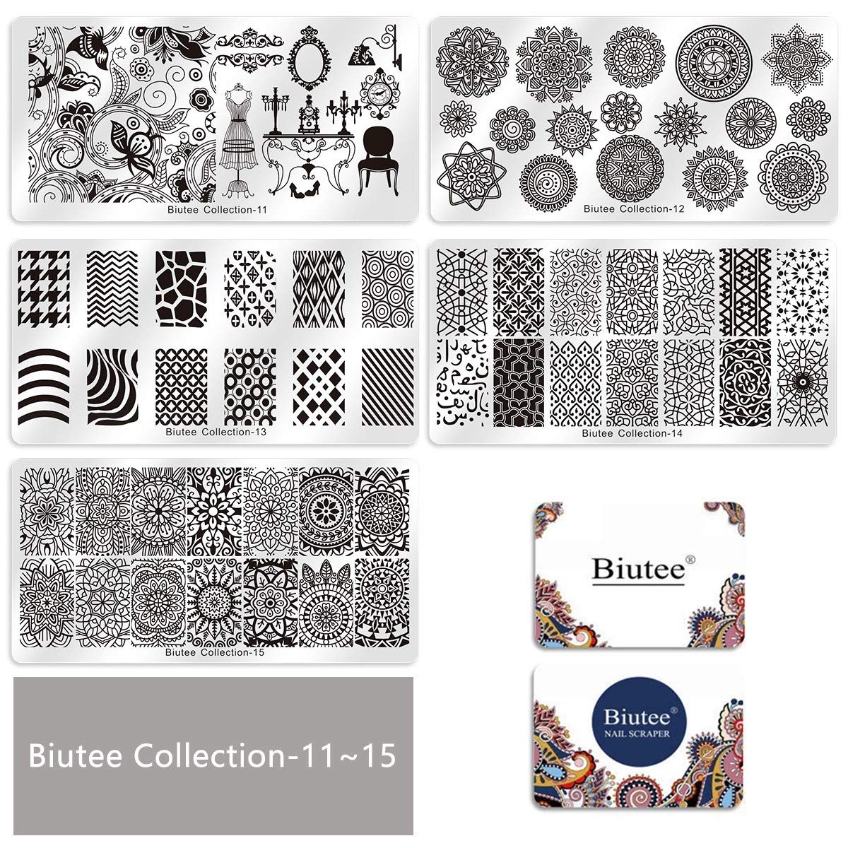 Biutee Nail Stamping Kit – 15PCS Plates, 8PCS Gel Polishes, Stamper & Scraper with Bag, Flower & Holiday Nail Art Designs