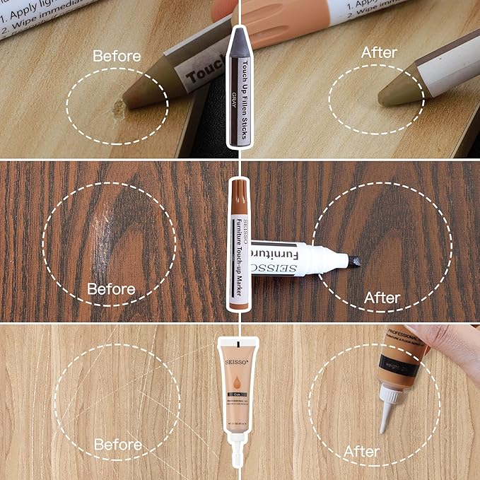 SEISSO 木製家具修理キット - 傷、ひび割れ、シミ、穴用木材フィラー&マーカー 42個