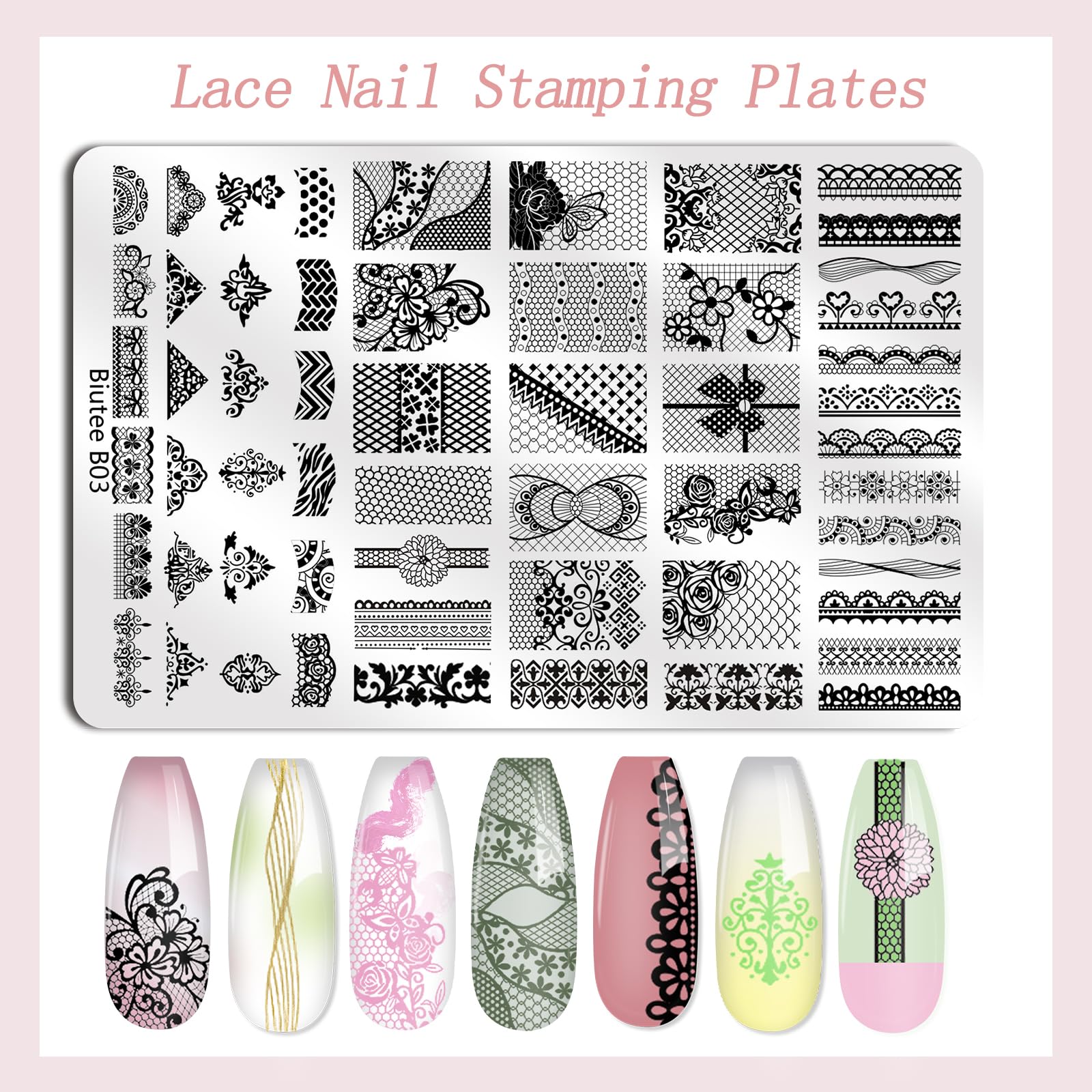 Biutee French Tip Nail Stamping Kit – 2PCS Lace Plates with Stamper & Scraper, DIY Nail Art Templates for Manicure