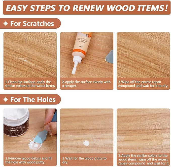 SEISSO オーク材補修キット – 家具や床の傷の補修に使える6色のフィラーとツール