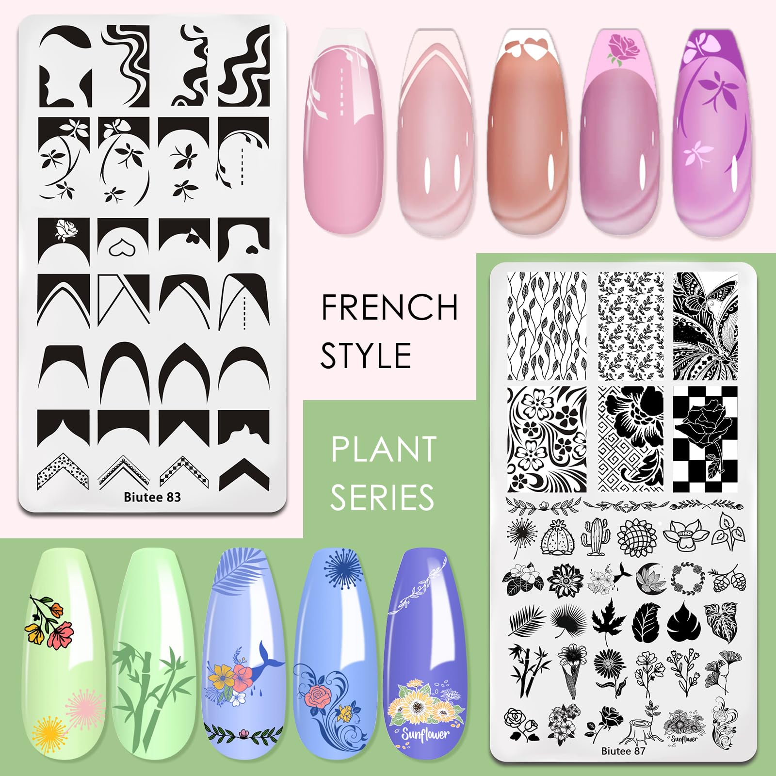 Biutee Nail Stamping Kit – 10PCS French Line Plates with Silicone Stamper for DIY Manicure & Salon Nail Art