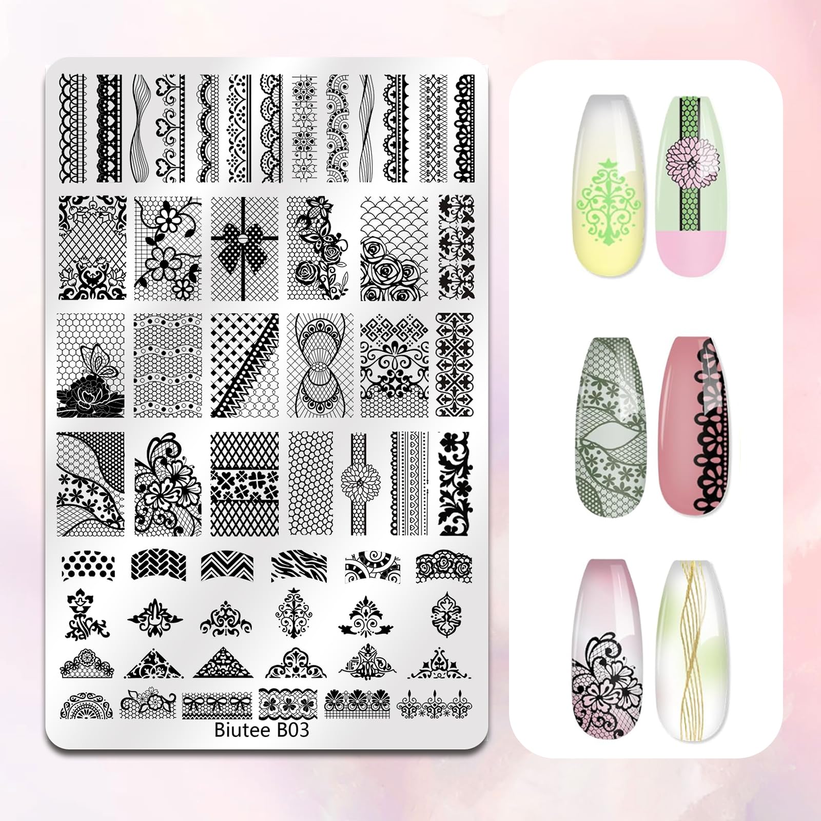 Biutee French Tip Nail Stamping Kit – 2PCS Lace Plates with Stamper & Scraper, DIY Nail Art Templates for Manicure