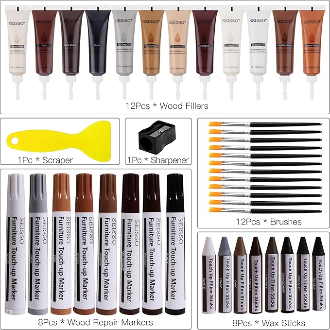SEISSO 木製家具修理キット - 傷、ひび割れ、シミ、穴用木材フィラー&マーカー 42個