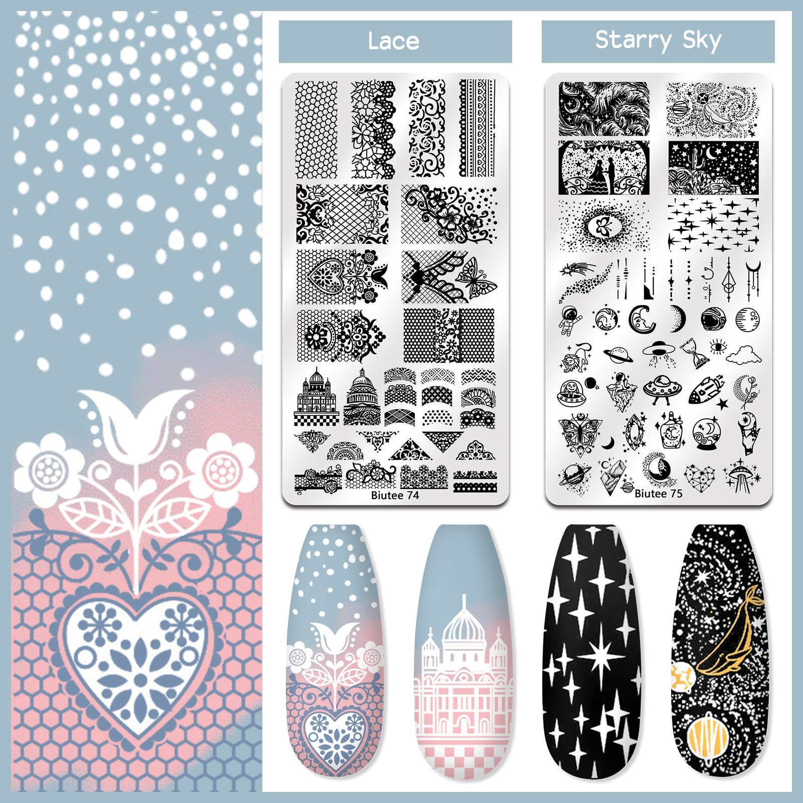 Biutee Nail Stamping Kit – 12PCS Plates with Stamper, Flower, Lace, Animal & Holiday Nail Art Designs