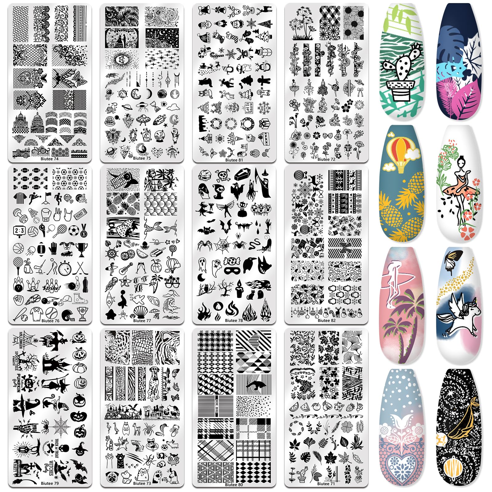 Biutee Nail Stamping Kit – 12PCS Plates with Stamper, Flower, Lace, Animal & Holiday Nail Art Designs