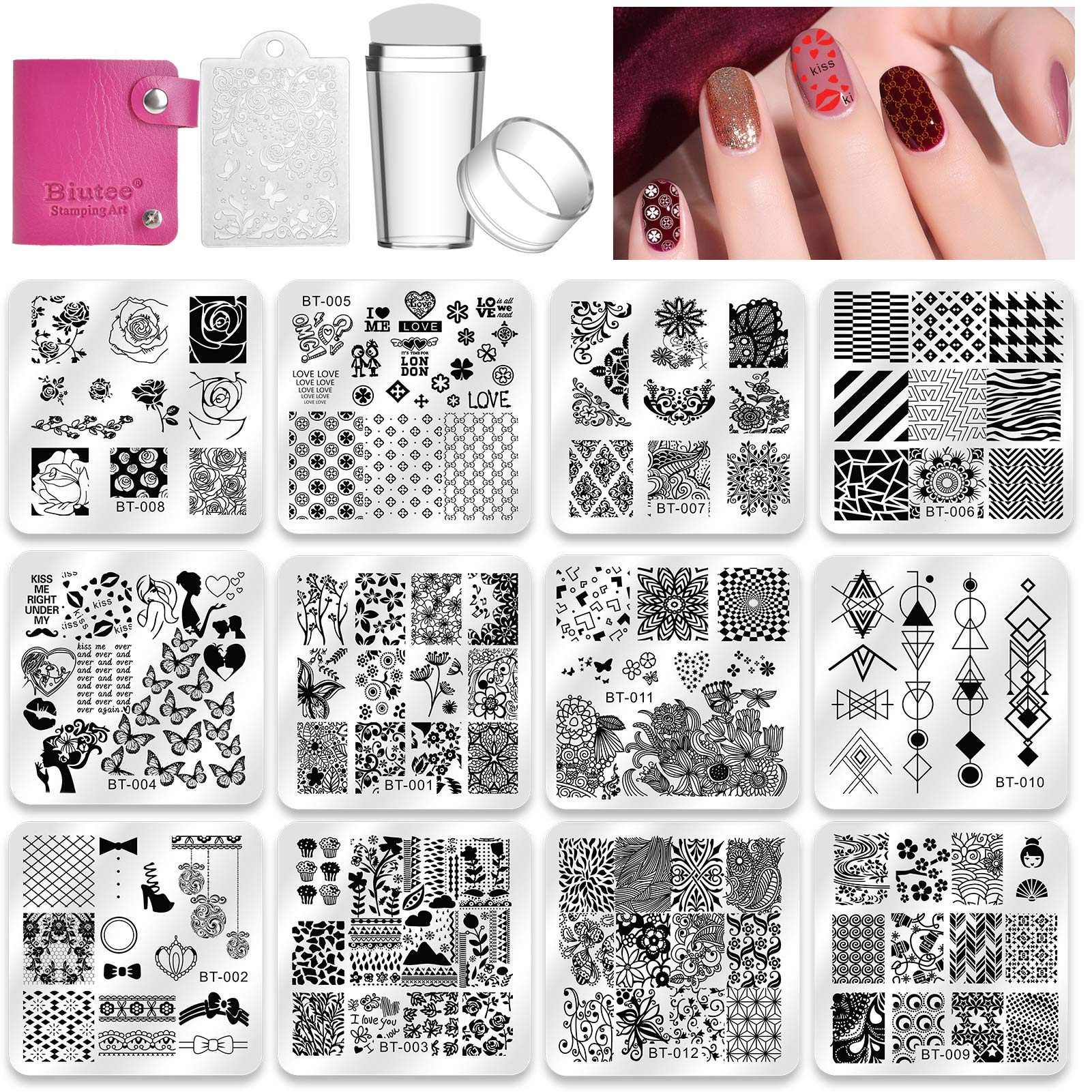 Biutee French Tip Nail Stamping Kit – 2PCS Lace Plates with Stamper & Scraper, DIY Nail Art Templates for Manicure