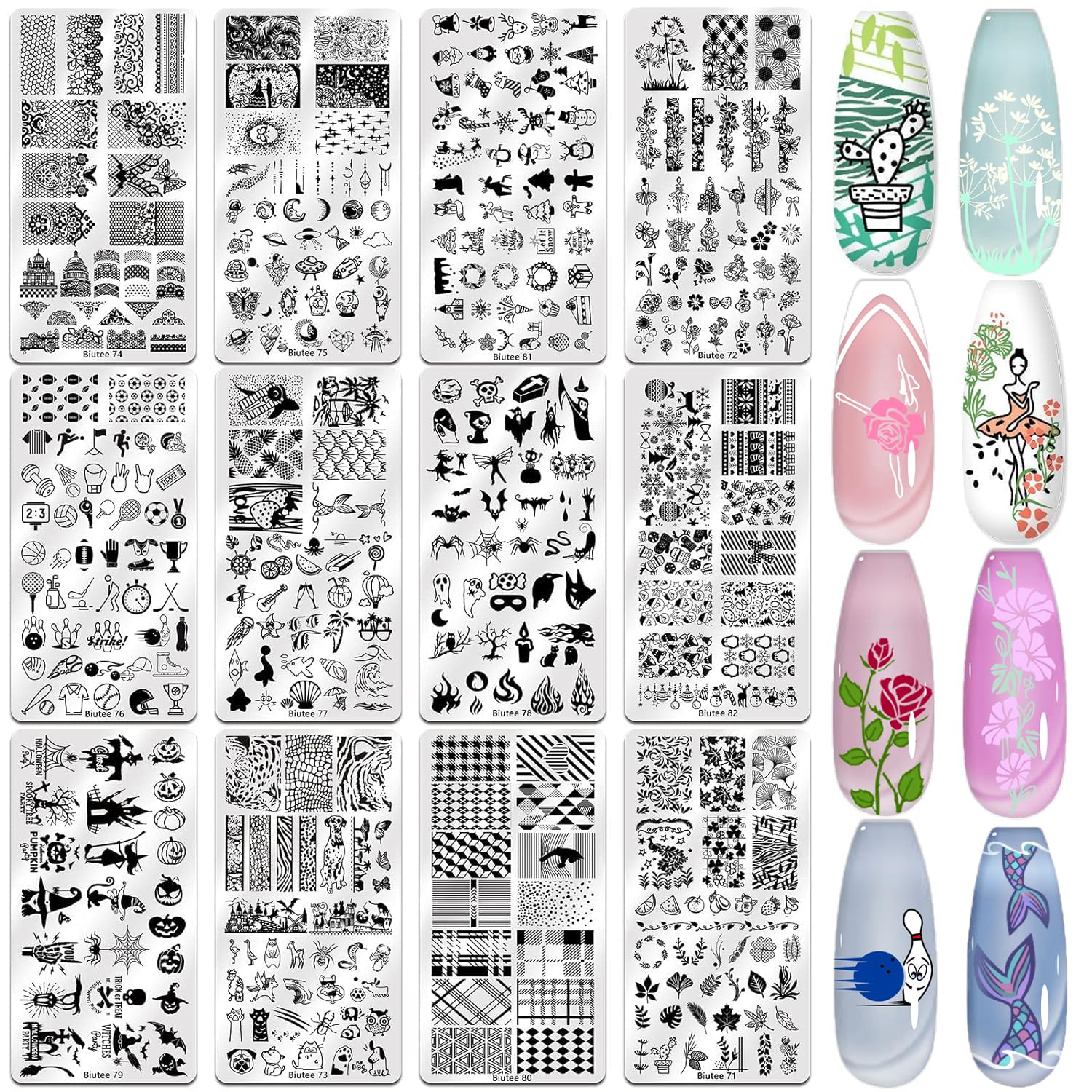 Biutee Nail Stamping Kit – 12PCS Plates with Stamper, Flower, Lace, Animal & Holiday Nail Art Designs