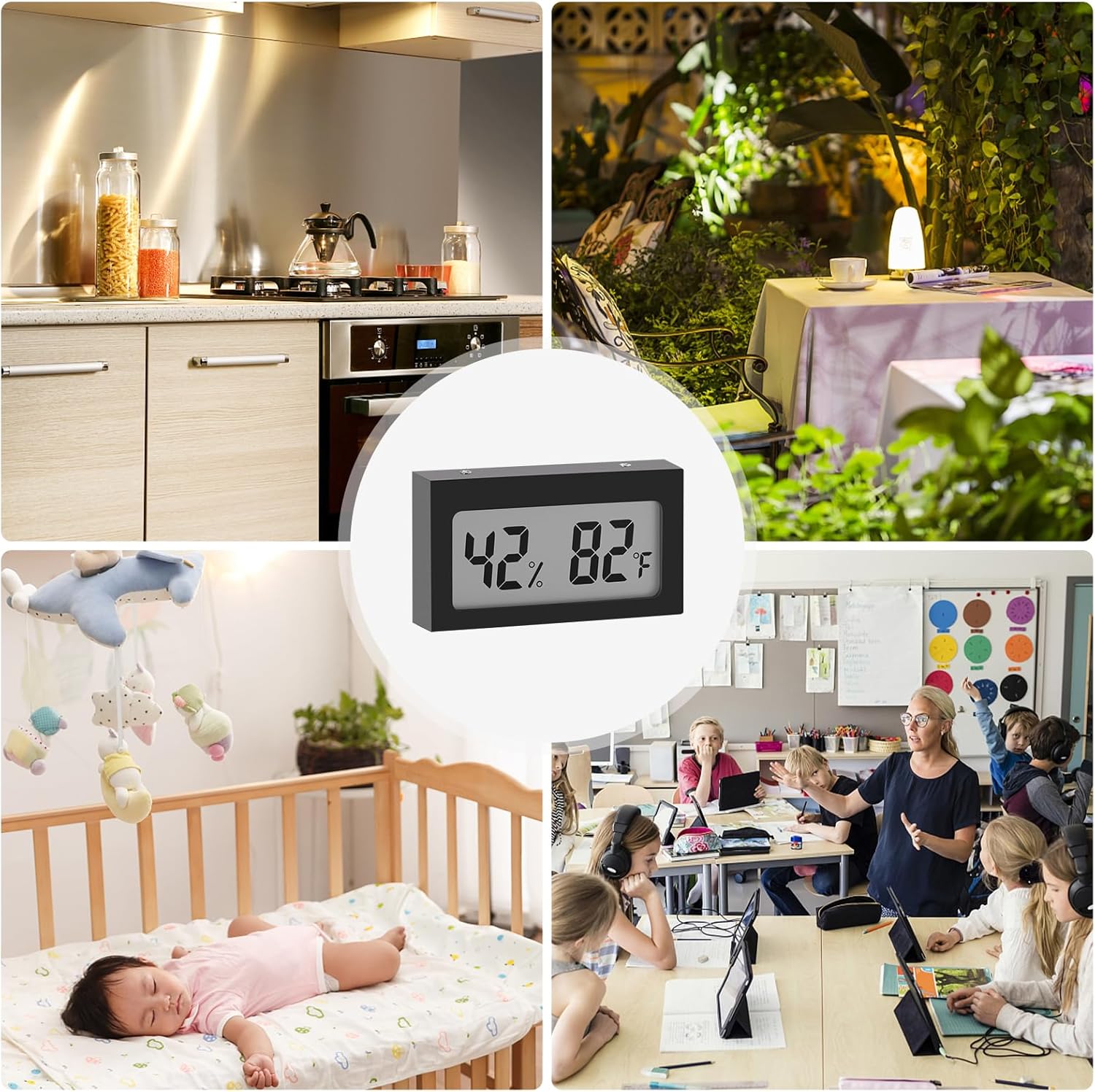 Seisso digital thermometer displayed in various settings including a kitchen, outdoor area, classroom, and nursery.