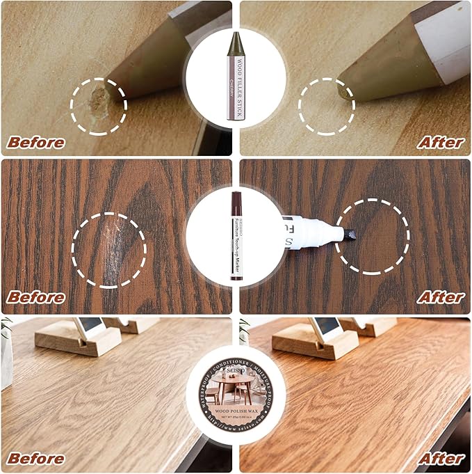 Before and after comparison of a wooden surface with seisso furniture repair kit
