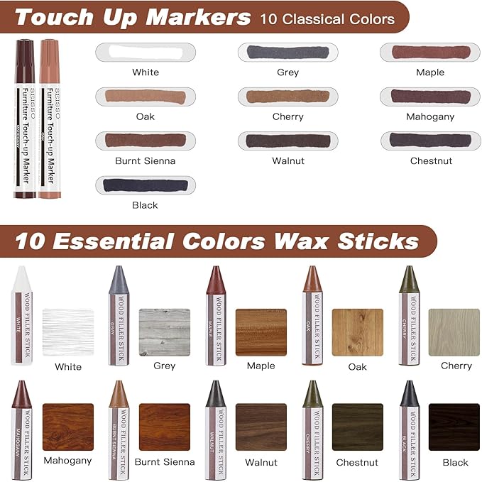 Collection of Seisso touch-up markers and wax sticks with color swatches labeled.