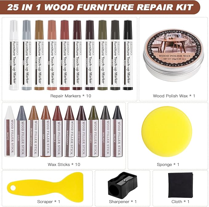Seisso 25-in-1 wood furniture repair kit with markers, wax sticks, polish wax, sponge, scraper, sharpener, and cloth.