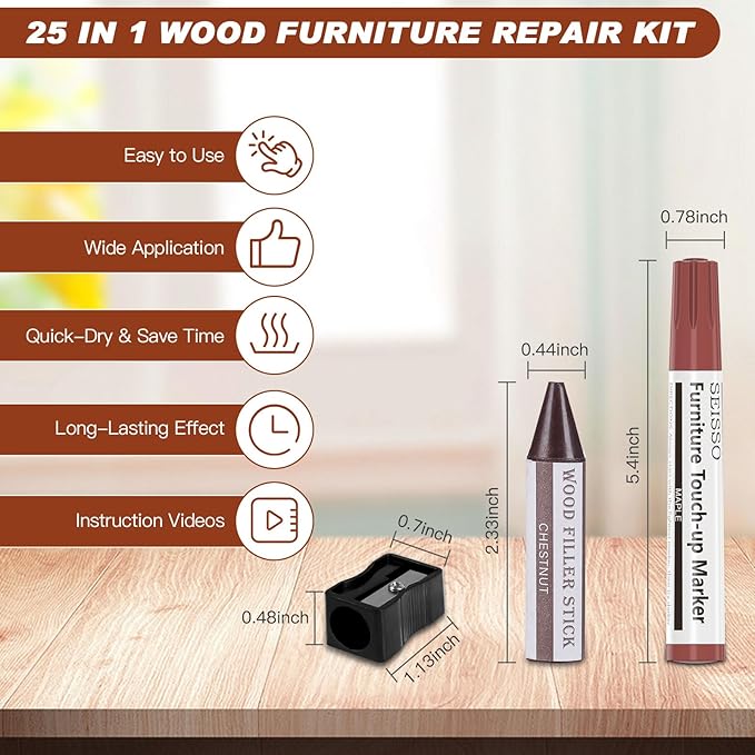 25-in-1 Seisso wood furniture repair kit with components and features on a wooden surface.