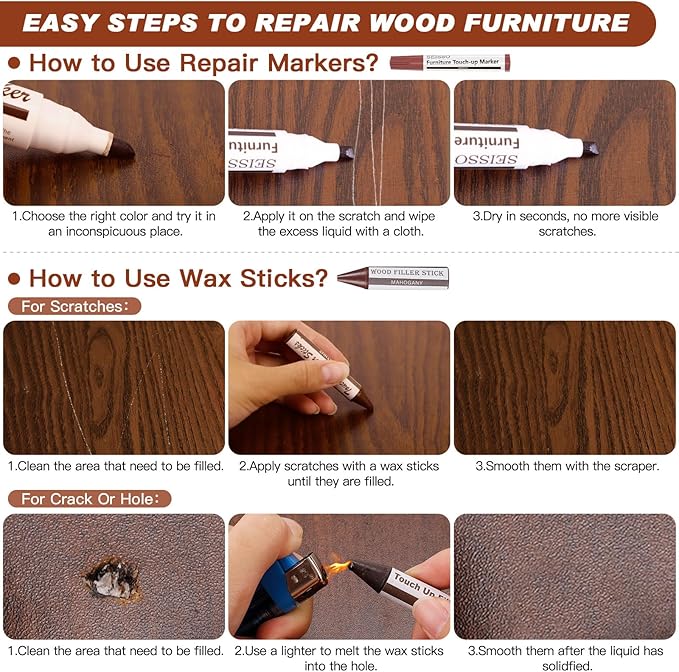Instructions on using Seisso repair markers and wax sticks to repair wood furniture.