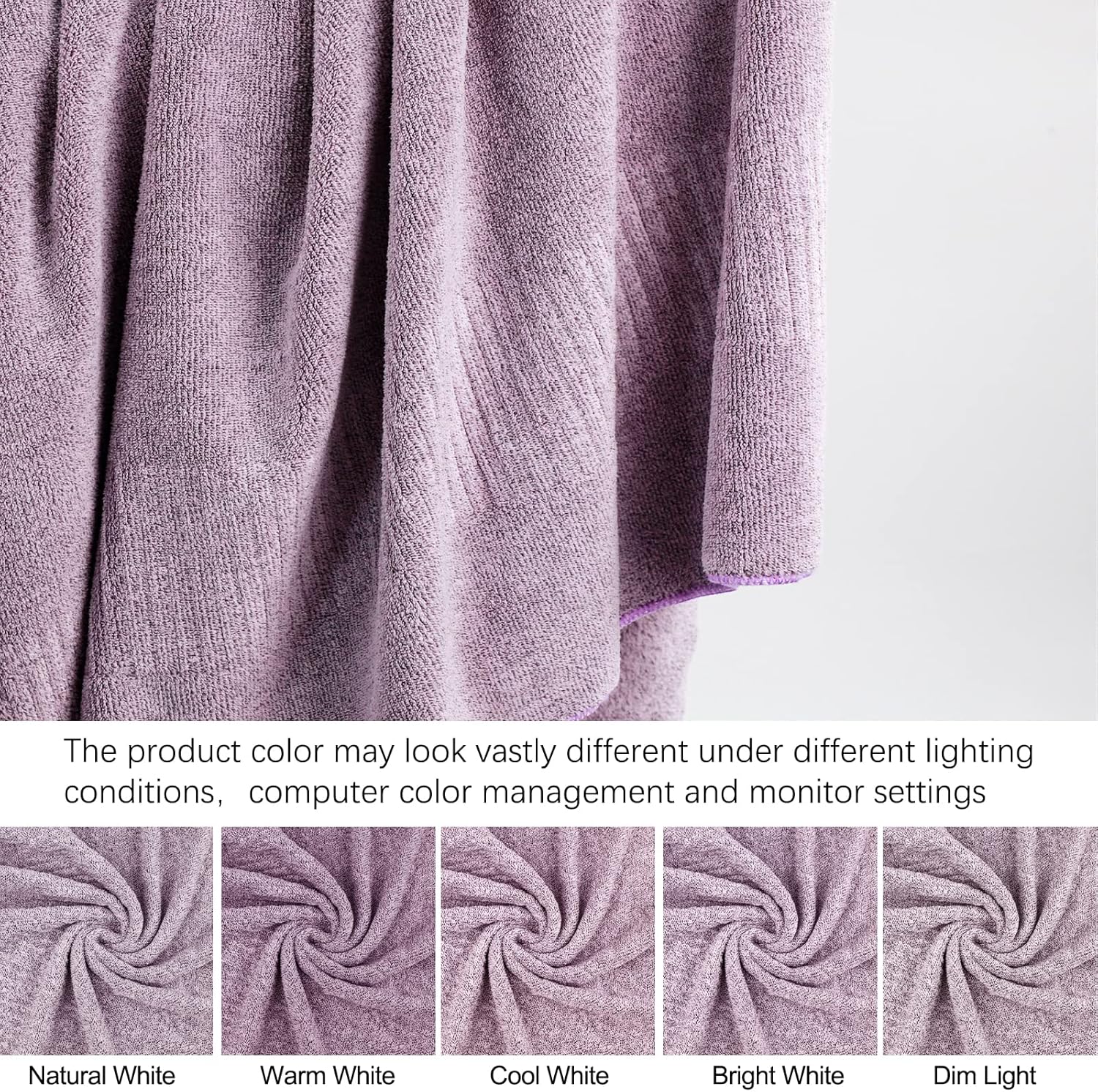 Close-up of a seisso purple bath towel fabric with color swatches under the different lighting.