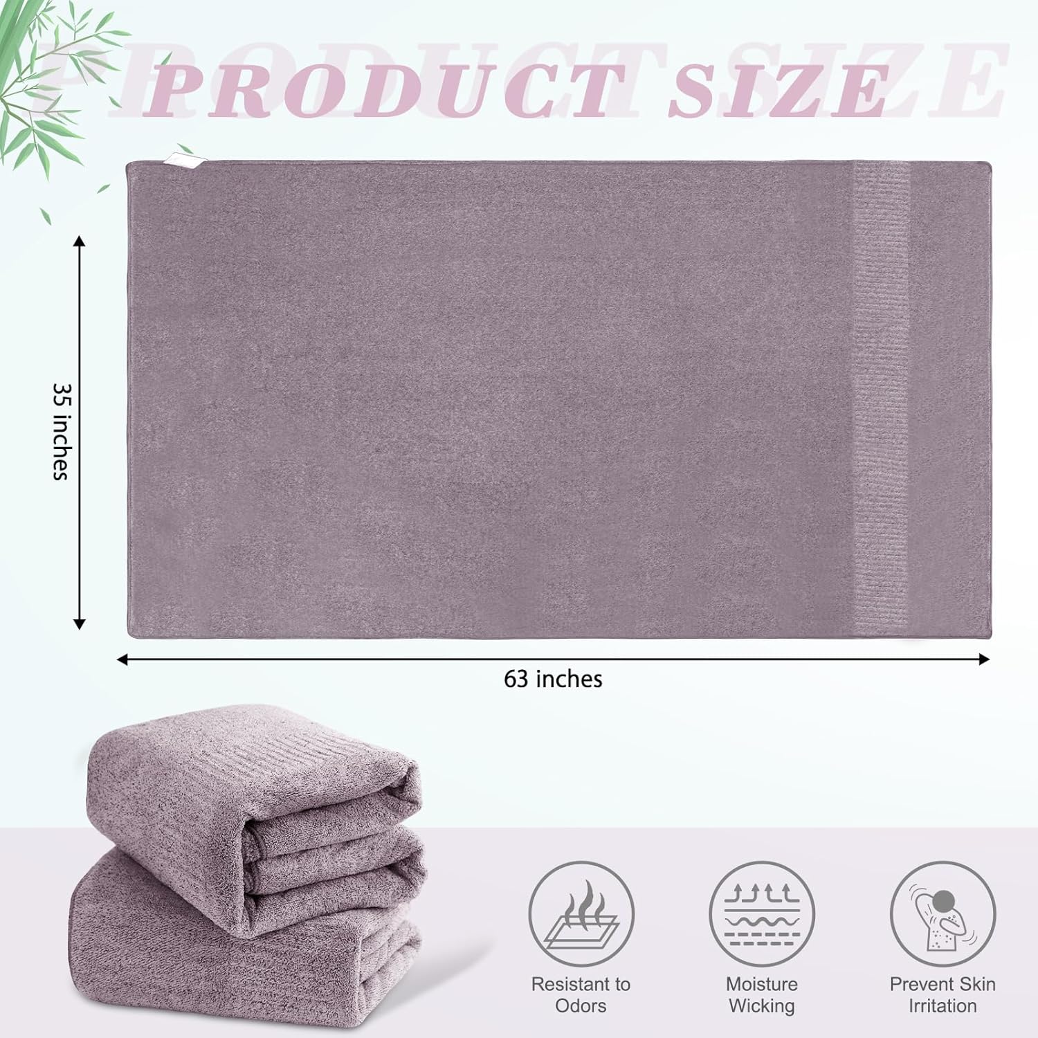 Seisso purple bath towel with dimensions and features display