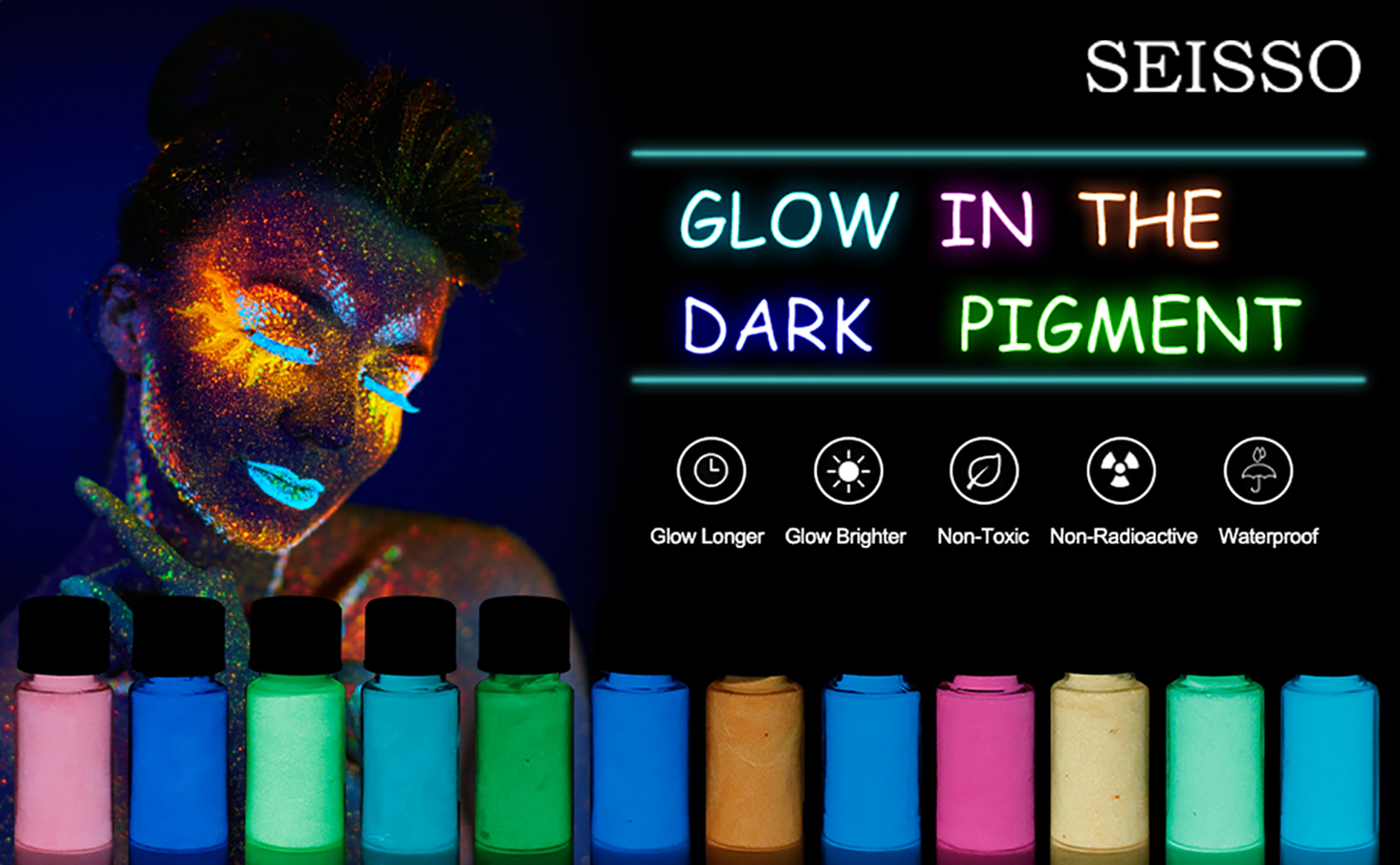 SEISSO Glow in The Dark Powder Pigment with Flashlight, 120g Luminous  Powder Dye Set, 20 g/0.7oz Each, Neutral and Fluorescent Colors for Various  Activities, Nail Art, Crafts 