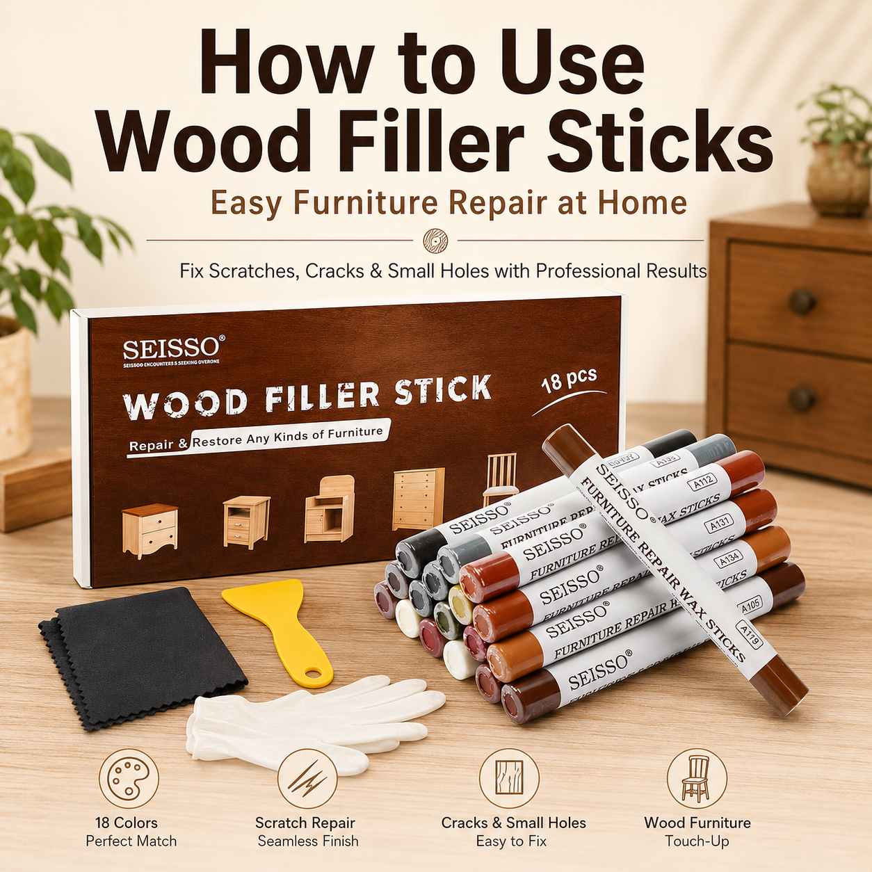 SEISSO 18 color wood filler sticks and wax repair crayons for fixing scratches, cracks and small holes on wood furniture