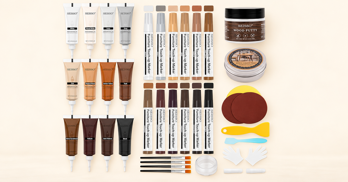 SEISSO furniture repair kit with color-coded fillers, markers and repair tools