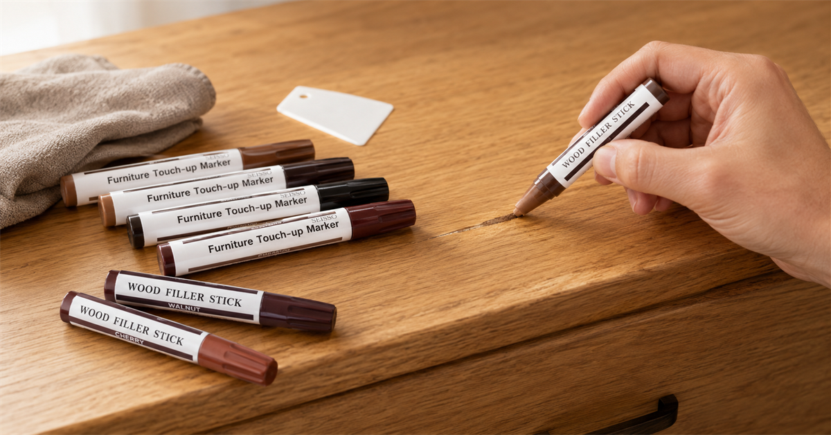 SEISSO furniture touch-up markers and wood filler sticks repairing scratches on a wooden table