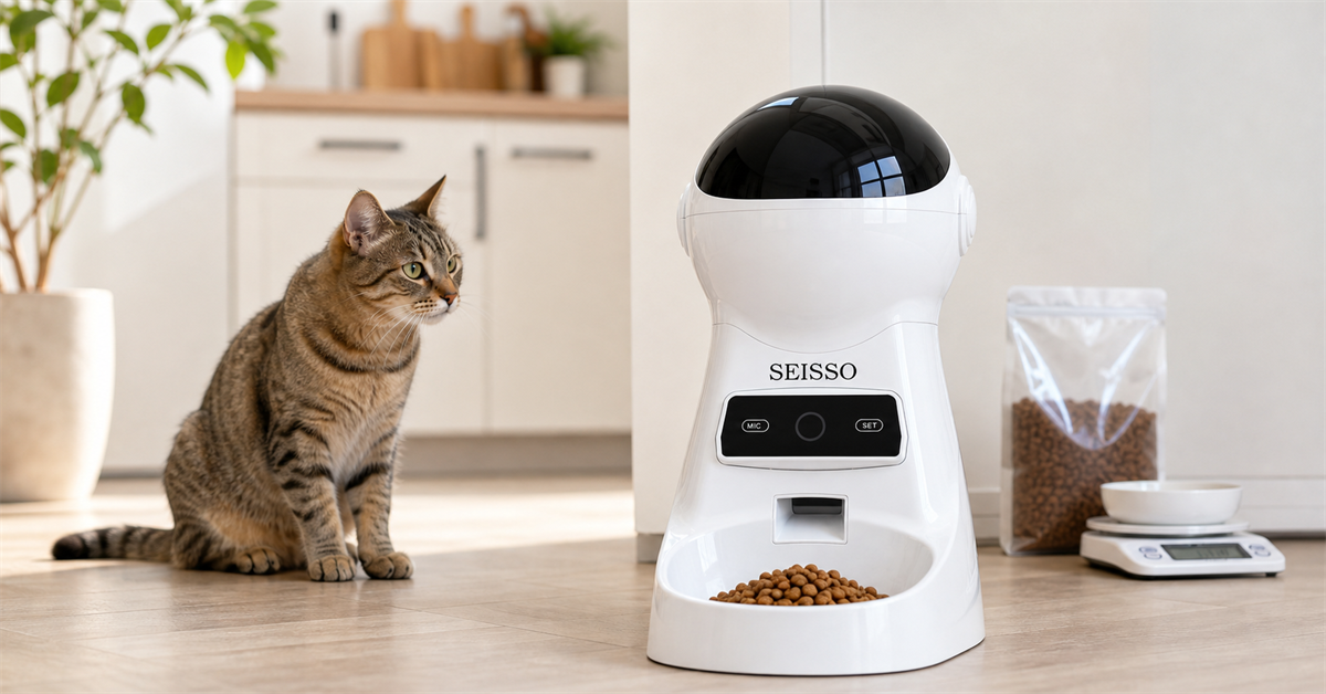 SEISSO automatic cat feeder dispensing dry food into a cat bowl in a clean home setting