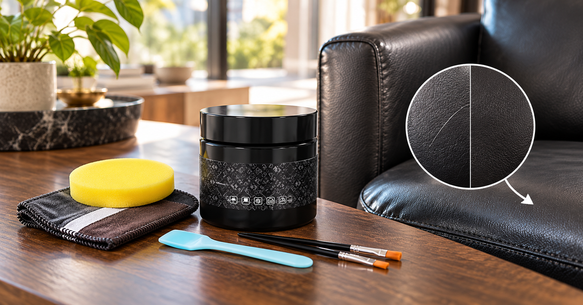 SEISSO leather repair balm and color tools beside a small leather sample on a workbench.