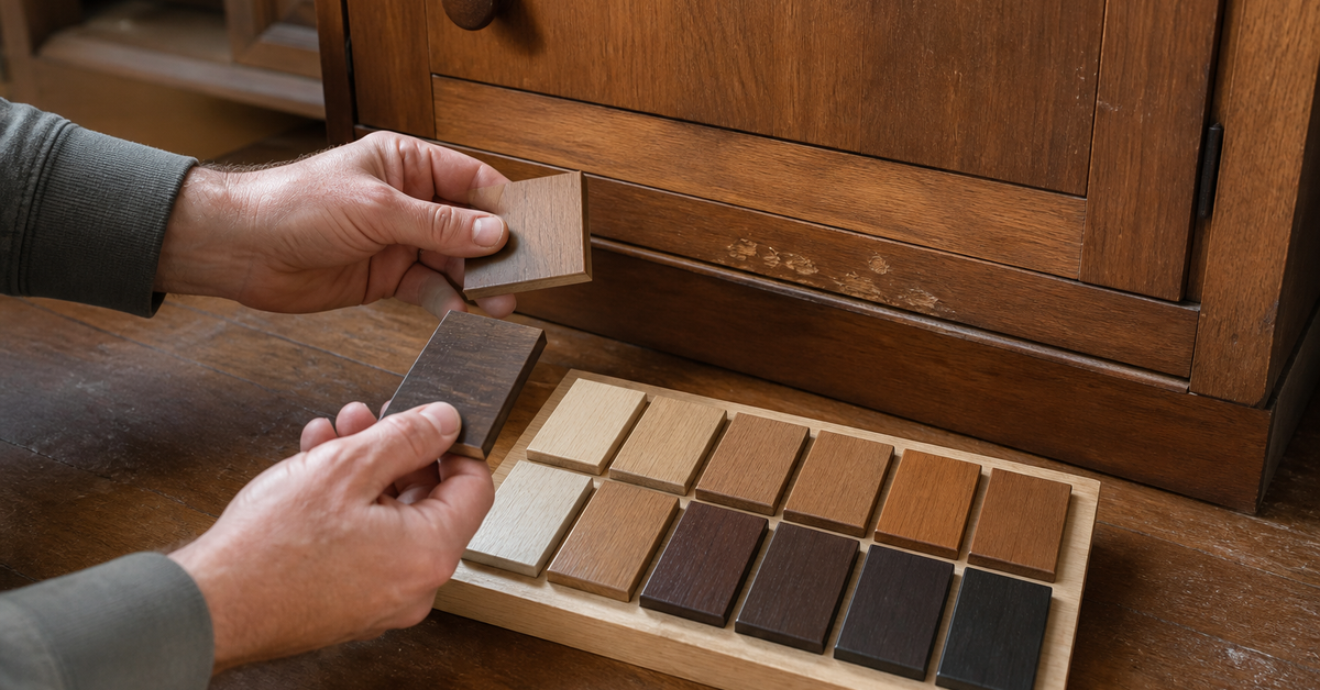 Hands comparing dried wood repair color tests on hidden furniture samples