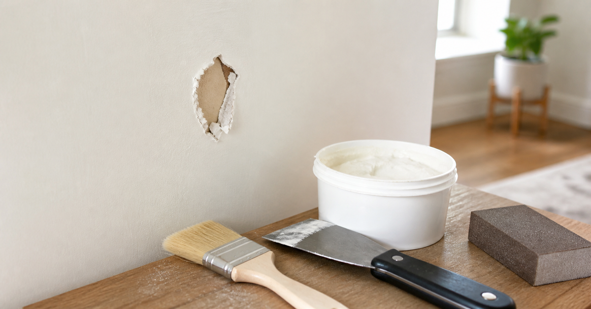 Torn drywall paper being sealed before a smooth wall repair