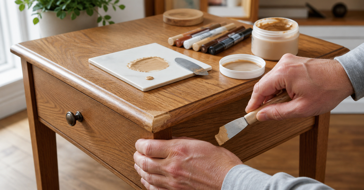 Hands rebuilding a small chipped wooden furniture corner with repair tools and color markers
