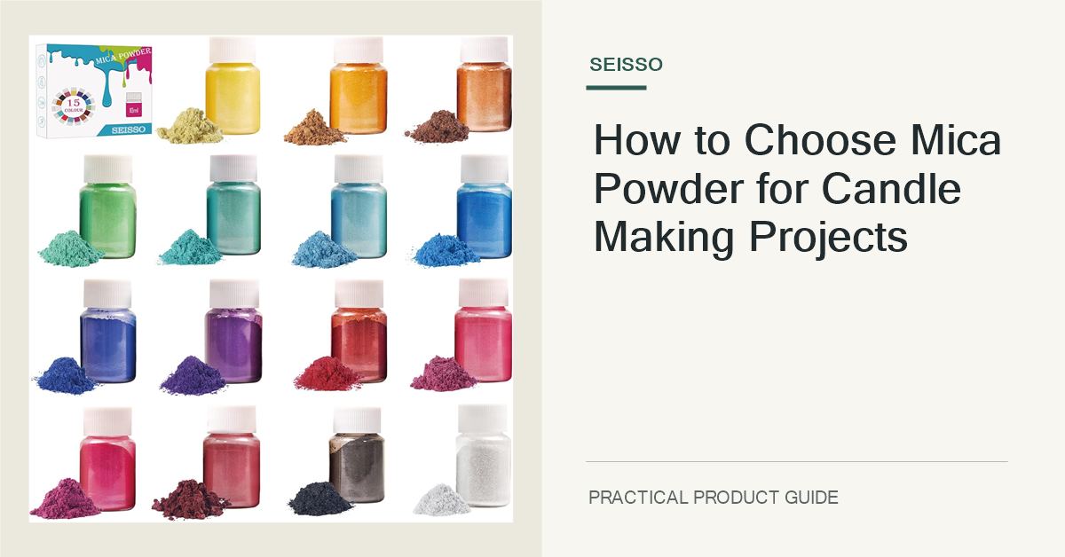 SEISSO 15-color mica powder product photo preserved unchanged in a custom horizontal candle color-testing guide cover.