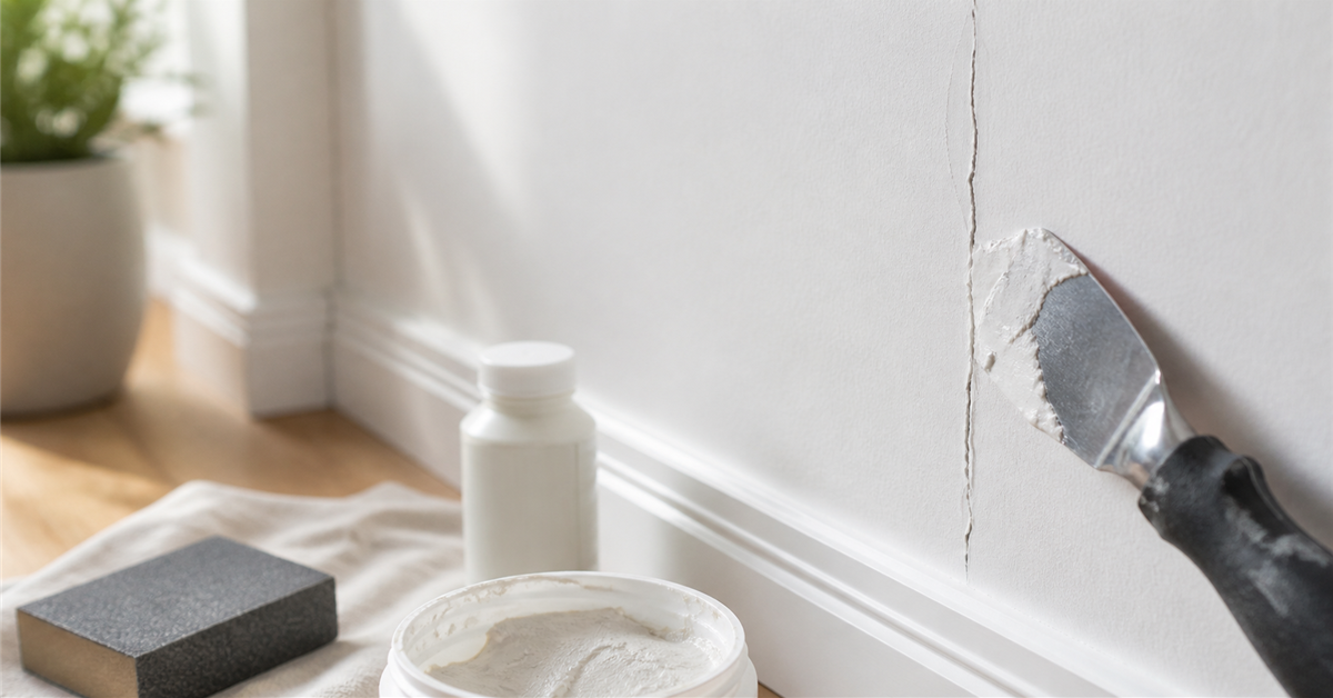 Hairline drywall crack prepared for a thin repair coat